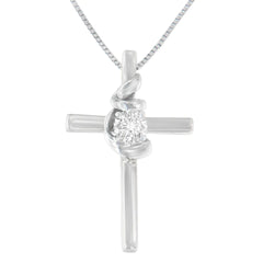 10K White Gold 1/10 Carat Diamond Espira Spiral & Cross 18” Pendant Necklace (I-J Color, I2-I3 Clarity)