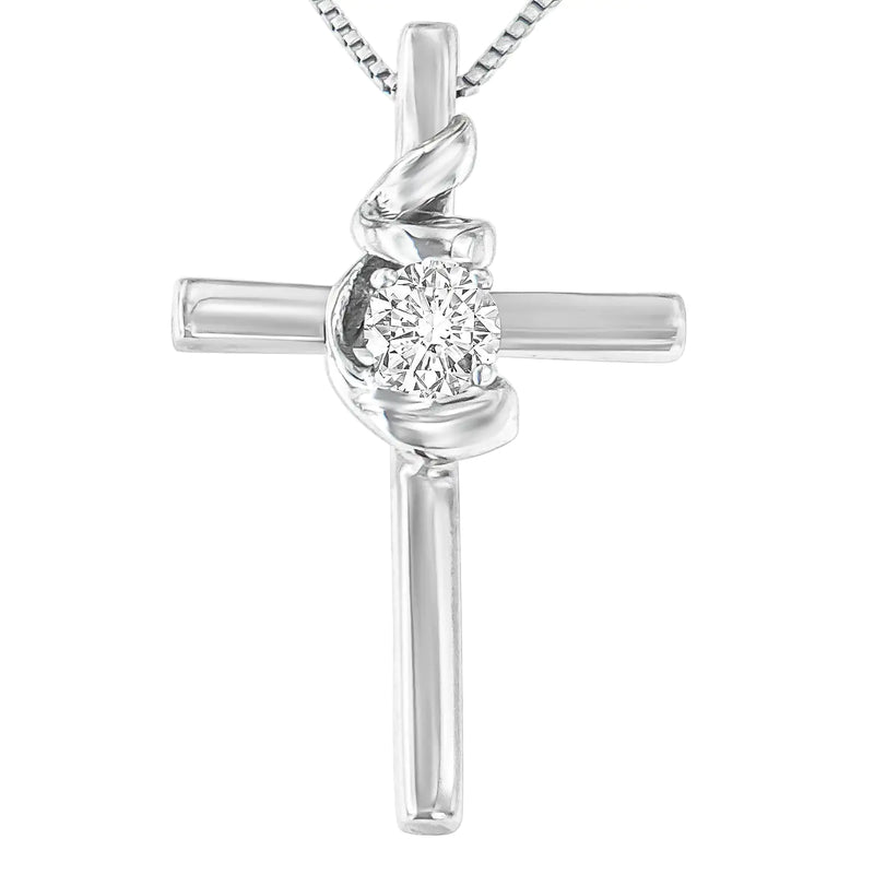 10K White Gold 1/10 Carat Diamond Espira Spiral & Cross 18” Pendant Necklace (I-J Color, I2-I3 Clarity)